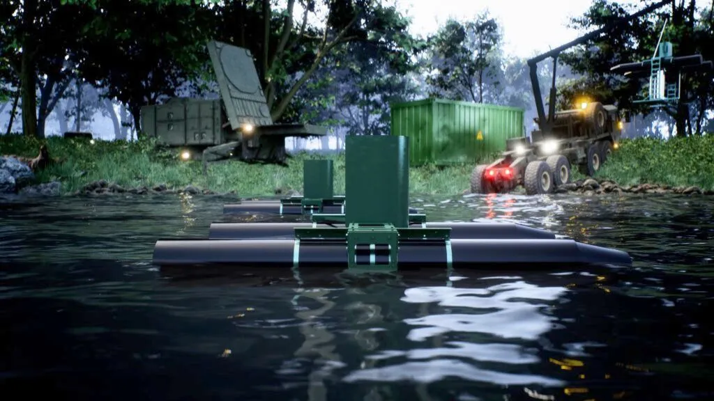 SeaPattern turbine in the water at a military field camp in a forest setting