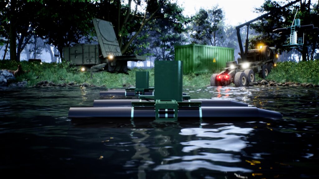 SeaPattern turbine in the water at a military field camp in a forest setting
