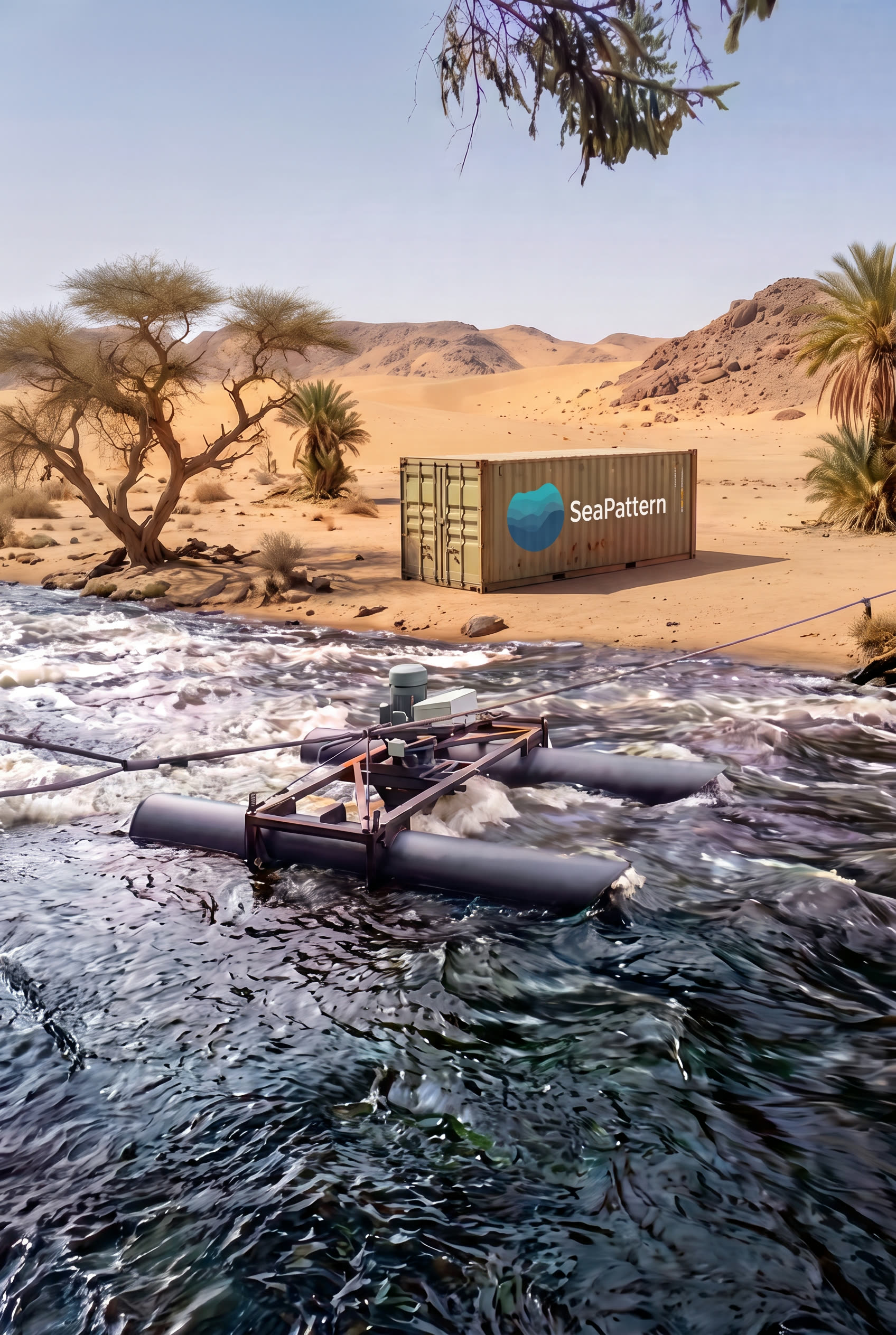 SeaPattern-turbin och container vid en off-grid-plats vid vattendrag